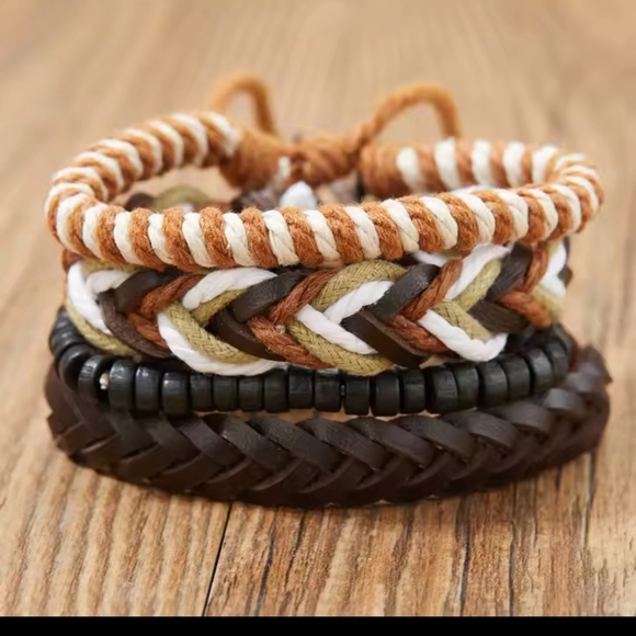 Men's Leather Bracelets Set 4pc Layered Braided Brown New f14 - Picture 1 of 2
